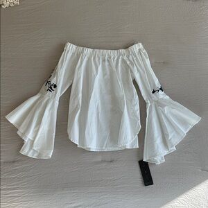 White Off-Shoulder Flared Sleeve Blouse